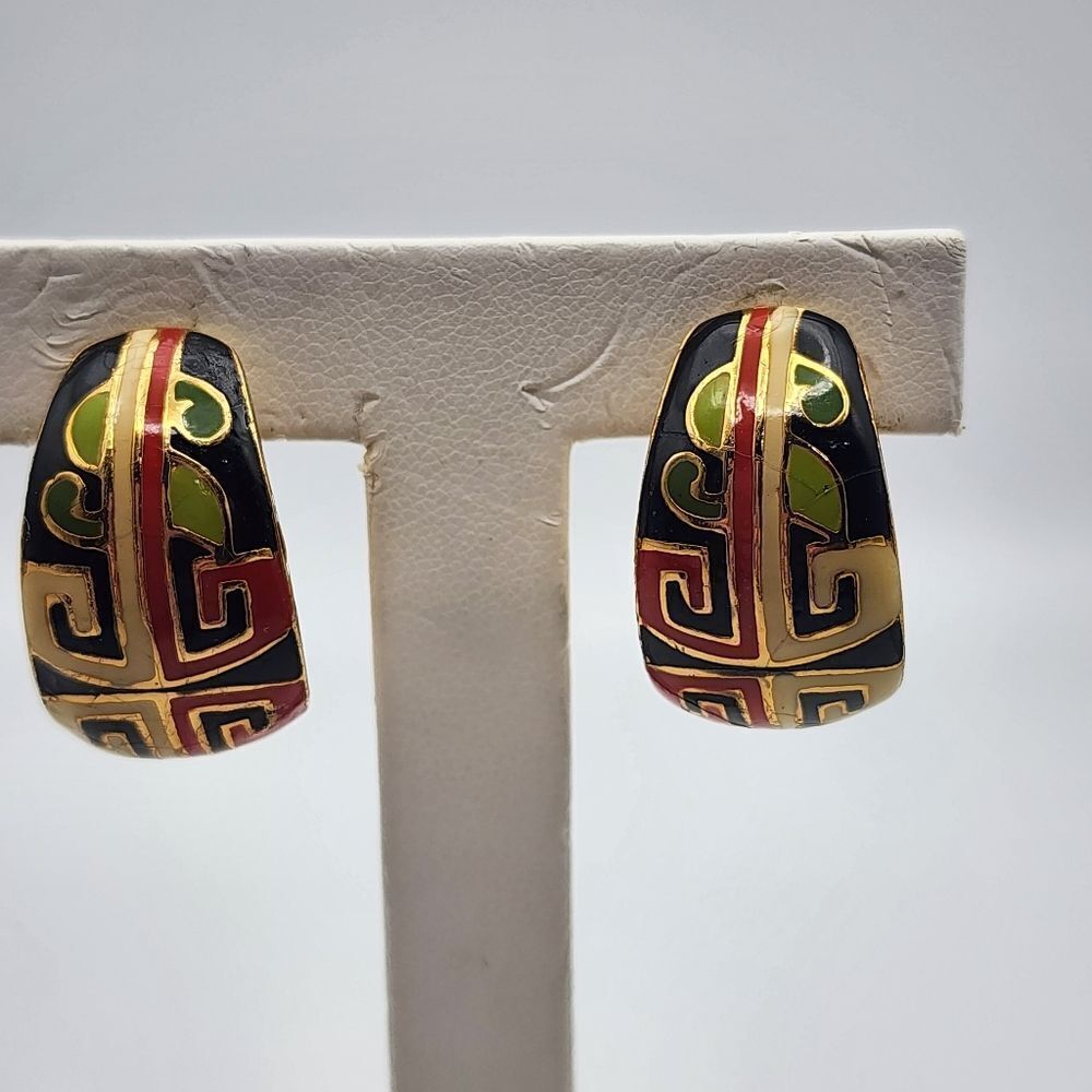 Vintage Diane Von Furstenburg Blue, Red, Green, & Cream Enamel Clip-On Earrings